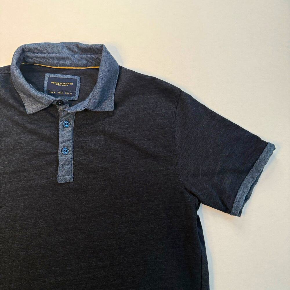 Denim & Flower Ricky Singh Men's Polo Shirt Blue Solid Short Sleeve Collared M